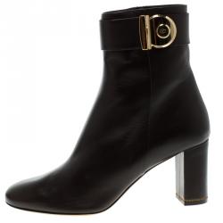 Pre Owned Salvatore Ferragamo Dark Brown Leather Fiamma Ankle Boots Size 40.5