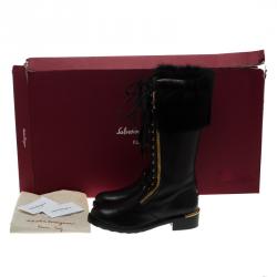 مملوكة مسبقًا حذاء البوت سالفاتوري فيراغامو ليبو كومبات حواف فرو وجلد أسود مقاس 38