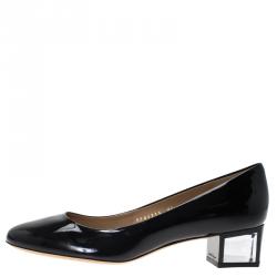 Pre Owned Salvatore Ferragamo Black Patent Ninfea Lucite Block Heel Pumps Size 40.5