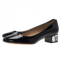Pre Owned Salvatore Ferragamo Black Patent Ninfea Lucite Block Heel Pumps Size 40.5