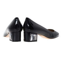 Pre Owned Salvatore Ferragamo Black Patent Ninfea Lucite Block Heel Pumps Size 40.5