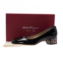 Pre Owned Salvatore Ferragamo Black Patent Ninfea Lucite Block Heel Pumps Size 40.5