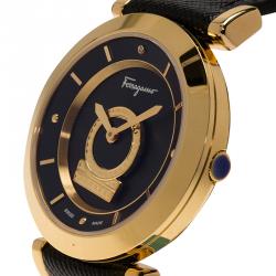 Pre Owned Salvatore Ferragamo Black Gold-Plated Stainless Steel Minuetto Women's Wristwatch 36MM