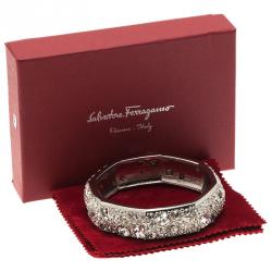 Salvatore Ferragamo Wide Crystal Silver Tone Bangle Bracelet