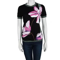 Pre Owned Salvatore Ferragamo Black Cotton Floral Printed Contrast Trim Short Sleeve Top S