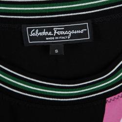 Pre Owned Salvatore Ferragamo Black Cotton Floral Printed Contrast Trim Short Sleeve Top S
