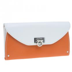 Salvatore Ferragamo Orange and White Leather Gancio Bar Continental Wallet
