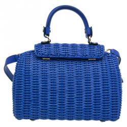 Salvatore Ferragamo Blue Basket Woven Raffia Medium Sofia Top Handle Bag