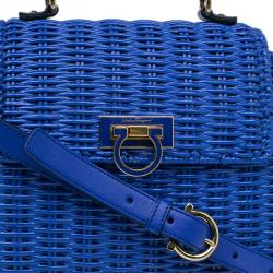 Salvatore Ferragamo Blue Basket Woven Raffia Medium Sofia Top Handle Bag