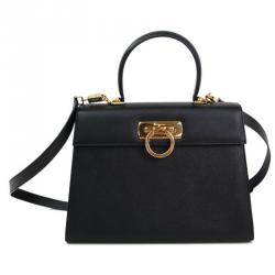 Salvatore Ferragamo Black Embossed Calfskin Leather Kelly Top Handle Shoulder Bag