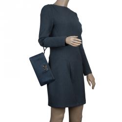 Pre Owned Salvatore Ferragamo Navy Blue Leather Gancio Wristlet Clutch