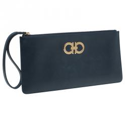 Pre Owned Salvatore Ferragamo Navy Blue Leather Gancio Wristlet Clutch