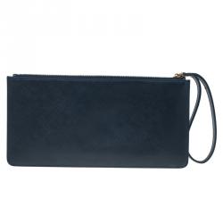 Pre Owned Salvatore Ferragamo Navy Blue Leather Gancio Wristlet Clutch