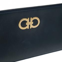 Pre Owned Salvatore Ferragamo Navy Blue Leather Gancio Wristlet Clutch