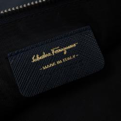 Pre Owned Salvatore Ferragamo Navy Blue Leather Gancio Wristlet Clutch