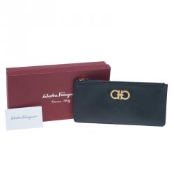 Pre Owned Salvatore Ferragamo Navy Blue Leather Gancio Wristlet Clutch