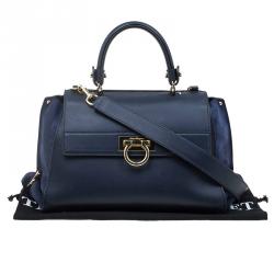 مملوكة مسبقًا Salvatore Ferragamo Navy Blue Leather and Suede Medium Sofia Top Handle Bag