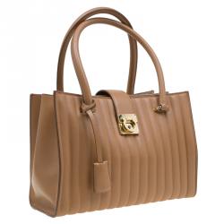 مملوكة مسبقًا Salvatore Ferragamo Brown Vertical Stripe Leather Marlene Tote