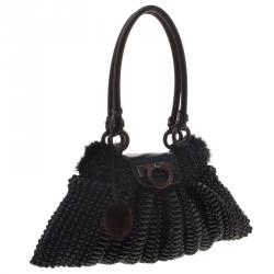 مملوكة مسبقًا حقيبة يد سالفاتوري فيراغامو بطانة فرو مع حواف جلد سحلية وخرز سوداء