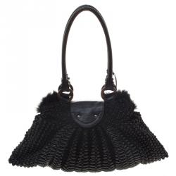 مملوكة مسبقًا حقيبة يد سالفاتوري فيراغامو بطانة فرو مع حواف جلد سحلية وخرز سوداء