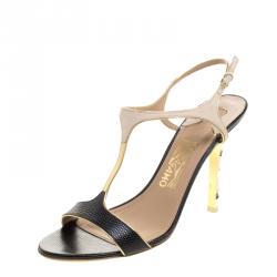 Salvatore Ferragamo Tricolor Reptile Embossed Leather And Suede Monroe T-Strap Sandals Size 40.5