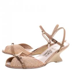 Salvatore Ferragamo Beige Raffia and Leather Ankle Strap Wedge Sandals Size 39