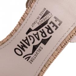 Salvatore Ferragamo Beige Raffia and Leather Ankle Strap Wedge Sandals Size 39