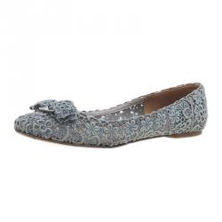 Pre Owned Salvatore Ferragamo Grey Lace Bombay Ballet Flats Size 38.5