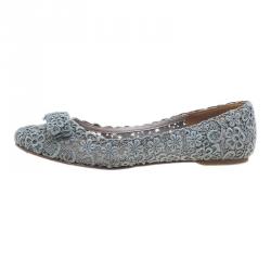 Pre Owned Salvatore Ferragamo Grey Lace Bombay Ballet Flats Size 38.5