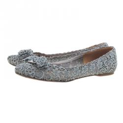 Pre Owned Salvatore Ferragamo Grey Lace Bombay Ballet Flats Size 38.5
