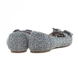 Pre Owned Salvatore Ferragamo Grey Lace Bombay Ballet Flats Size 38.5