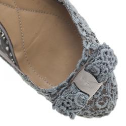 Pre Owned Salvatore Ferragamo Grey Lace Bombay Ballet Flats Size 38.5