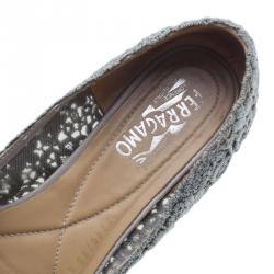 Pre Owned Salvatore Ferragamo Grey Lace Bombay Ballet Flats Size 38.5