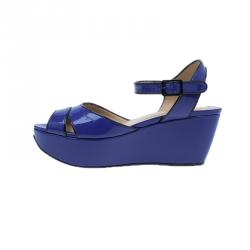 Salvatore Ferragamo Blue Leather Ankle Strap Wedges Size 36