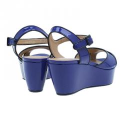 Salvatore Ferragamo Blue Leather Ankle Strap Wedges Size 36