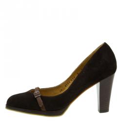 مملوكة مسبقًا Salvatore Ferragamo Brown Suede Buckle Detail Platform Pumps Size 38.5