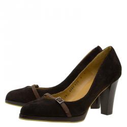 مملوكة مسبقًا Salvatore Ferragamo Brown Suede Buckle Detail Platform Pumps Size 38.5