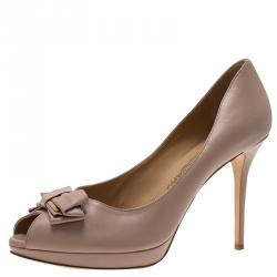 Pre Owned Salvatore Ferragamo Beige Leather Rosella Bow Peep Toe Platform Pumps Size 41.5