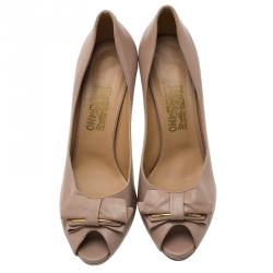 Pre Owned Salvatore Ferragamo Beige Leather Rosella Bow Peep Toe Platform Pumps Size 41.5