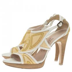 Salvatore Ferragamo Two -Tone Leather and Rafia Cutout Sandals Size 37