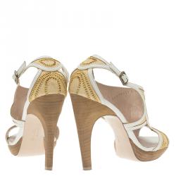 Salvatore Ferragamo Two -Tone Leather and Rafia Cutout Sandals Size 37