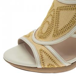 Salvatore Ferragamo Two -Tone Leather and Rafia Cutout Sandals Size 37