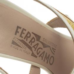 Salvatore Ferragamo Two -Tone Leather and Rafia Cutout Sandals Size 37