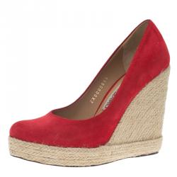 Pre Owned Salvatore Ferragamo Red Suede Bernie Espadrille Wedge Pumps Size 37