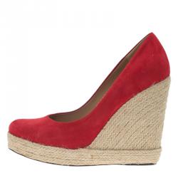 Pre Owned Salvatore Ferragamo Red Suede Bernie Espadrille Wedge Pumps Size 37