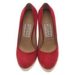 Pre Owned Salvatore Ferragamo Red Suede Bernie Espadrille Wedge Pumps Size 37