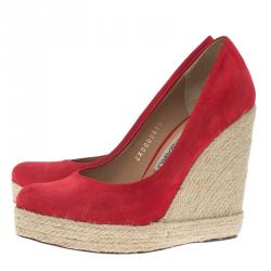 Pre Owned Salvatore Ferragamo Red Suede Bernie Espadrille Wedge Pumps Size 37