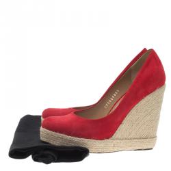 Pre Owned Salvatore Ferragamo Red Suede Bernie Espadrille Wedge Pumps Size 37