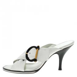 Salvatore Ferragamo White Leather Gancini  Crosss Strap Slides Size 37