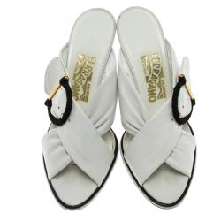 Salvatore Ferragamo White Leather Gancini  Crosss Strap Slides Size 37